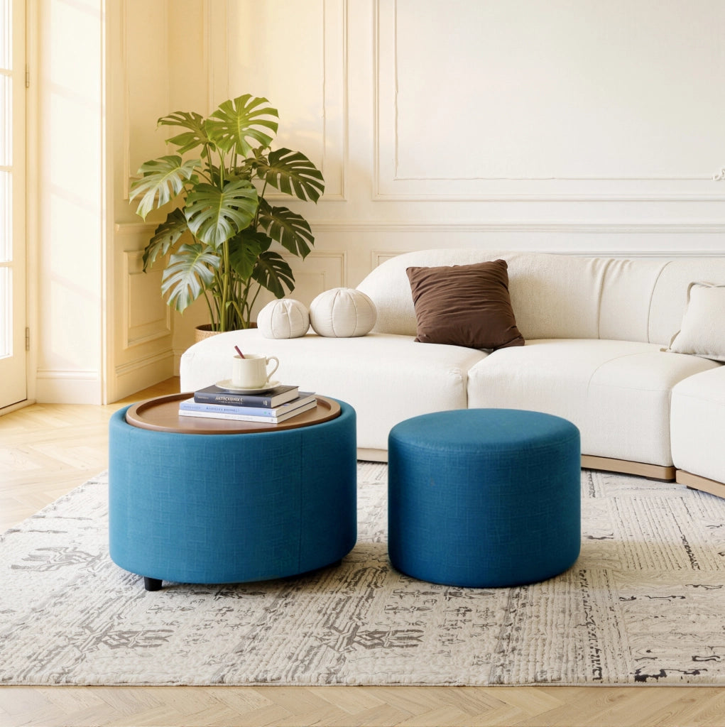 Set di 2 Pouf Nesting con Contenitore, Rivestimento in Lino Blu e Vassoio in Legno, Tavolino e Panca tonda Ø 58 cm