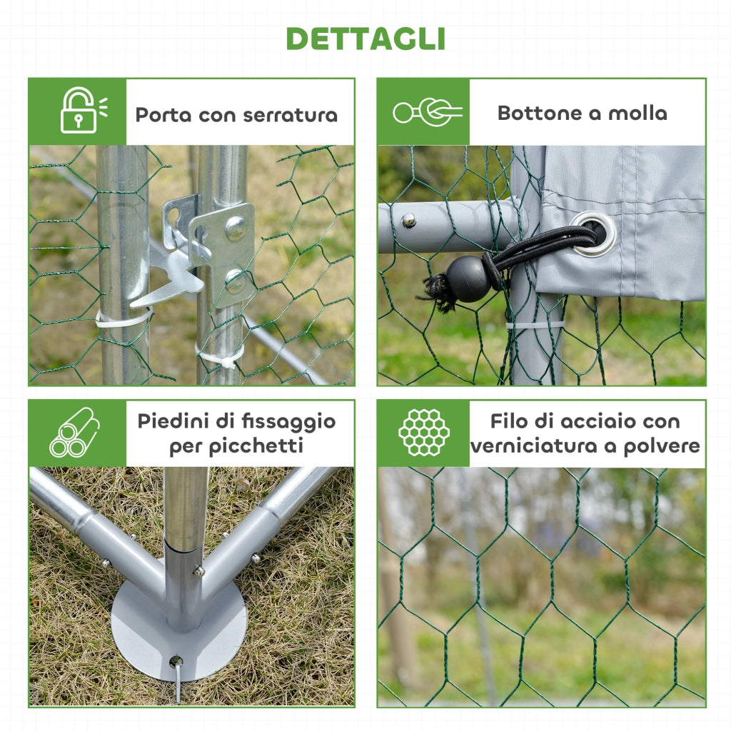 Recinto per Animali da Giardino ¨C Xylo ¨C Metallo Galvanizzato con Tetto Anti UV 280x380x197 cm Argento
