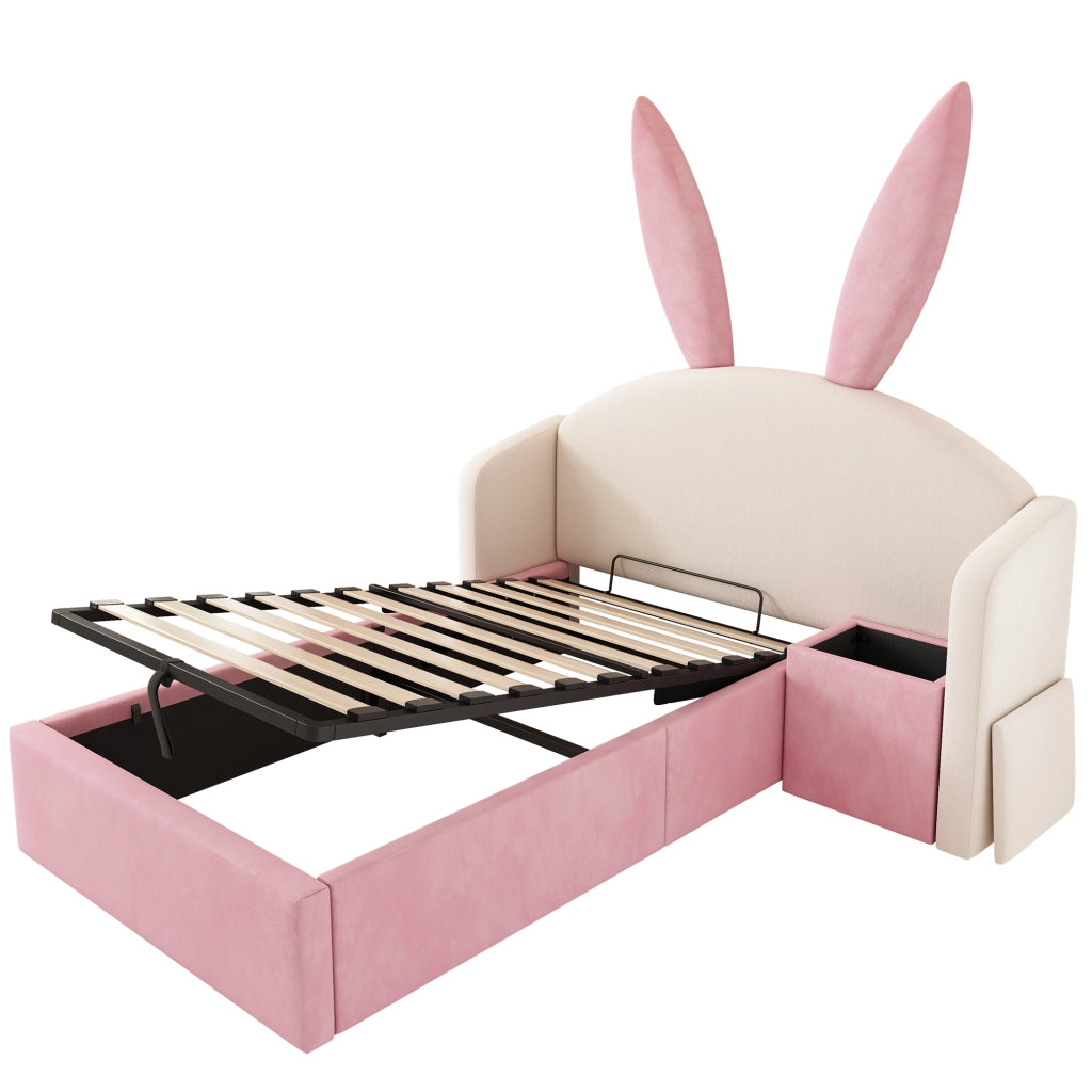 Letto per bambini 90x200 imbottito con contenitore idraulico e comodino integrato