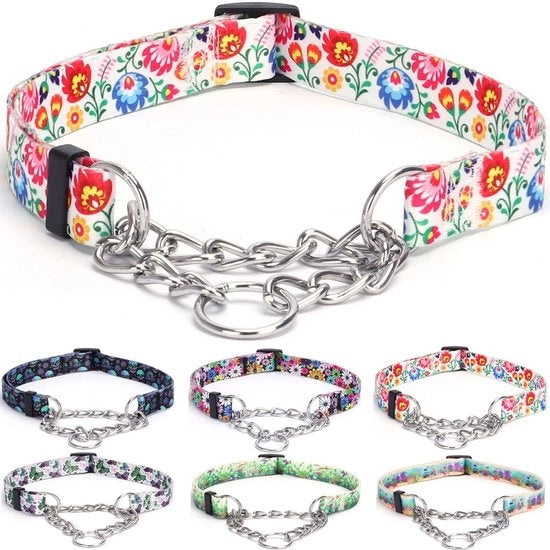 Collare di Coda di Cavallo - Cinturino in Acciaio Inossidabile - Anti-Scappamento - Collare di Addestramento - Disegno di Fiori - Per Cani di Dimensioni Grande/Media/Piccola