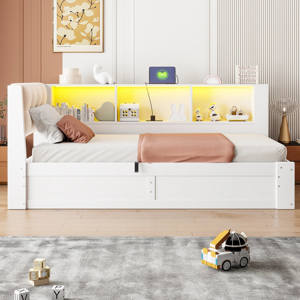 Letto singolo 90 × 200 cm con contenitore idraulico; LED regolabile; ripiano e USB; senza materasso; bianco