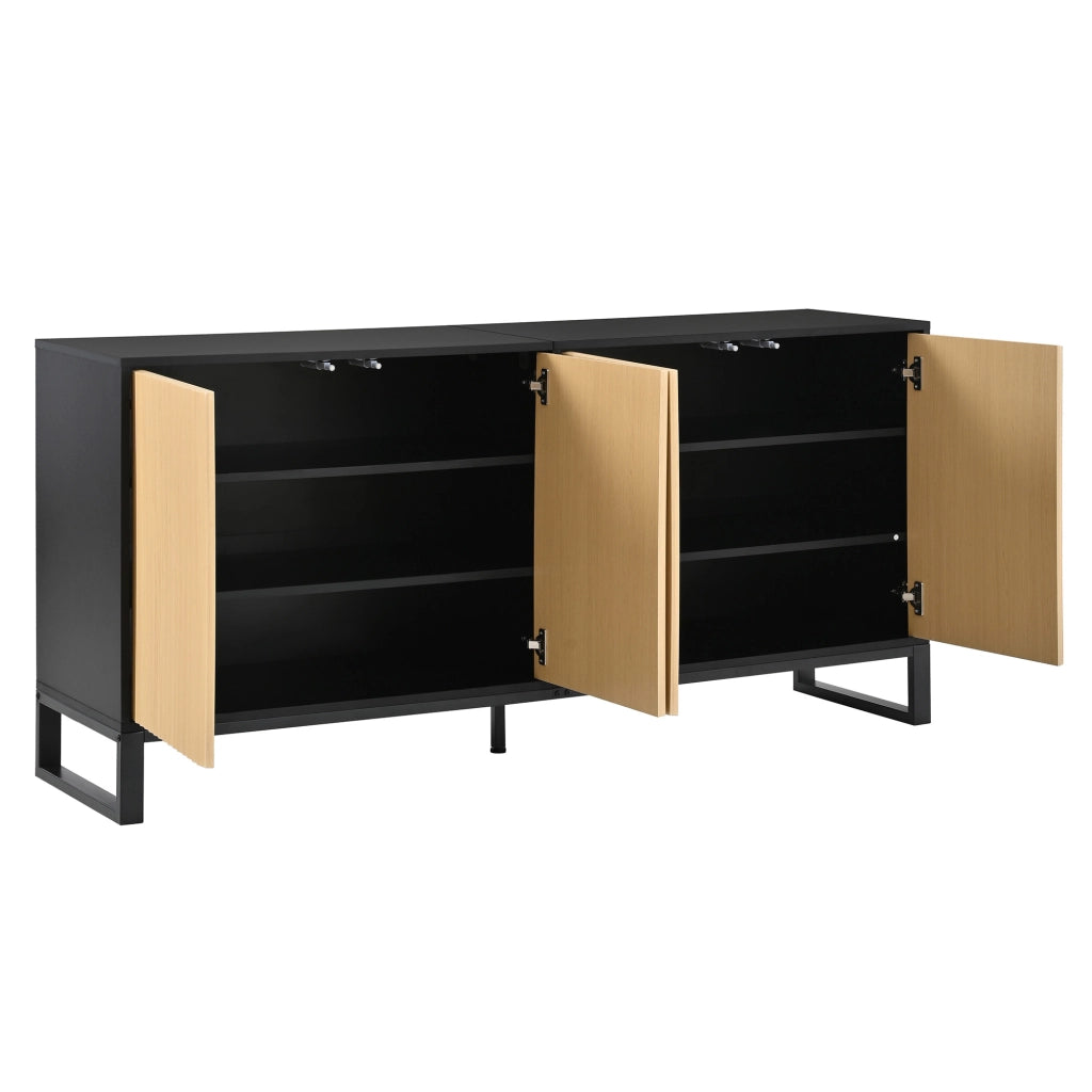 Credenza e madia con 4 ante a rilievo e ripiani regolabili, per ingresso, soggiorno e sala da pranzo, MDF, naturale e nero