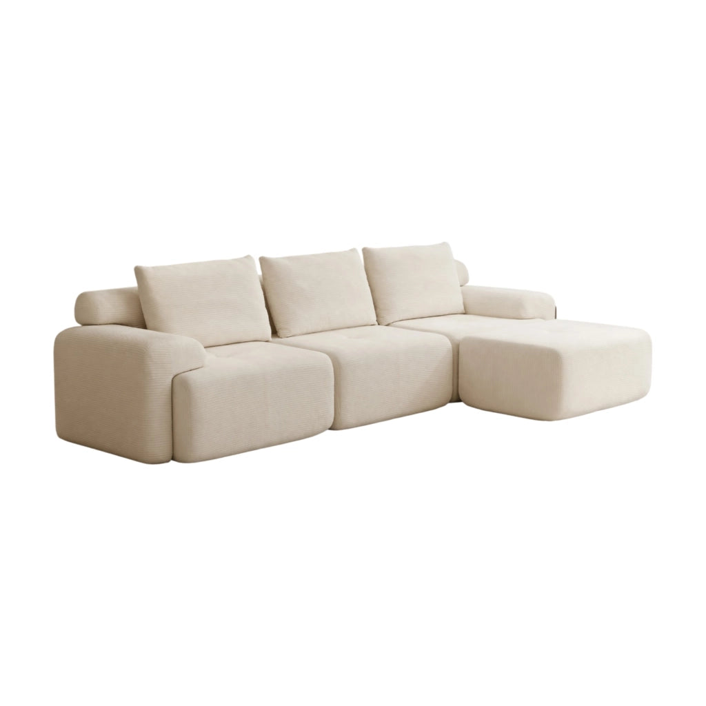 Divano angolare modulare L in tessuto a coste beige con schiuma memory 305 cm