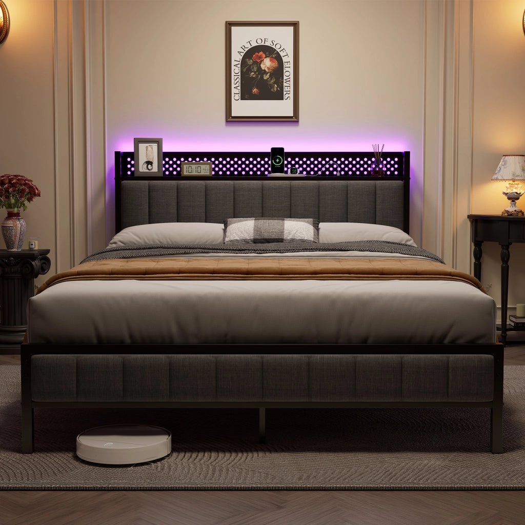Letto matrimoniale in metallo nero con testiera imbottita e porte USB 140x200 cm