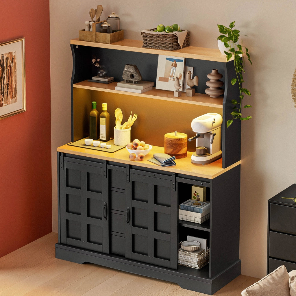Credenza bar cucina con LED, portabottiglie, prese USB e 4 cassetti, MDF nero