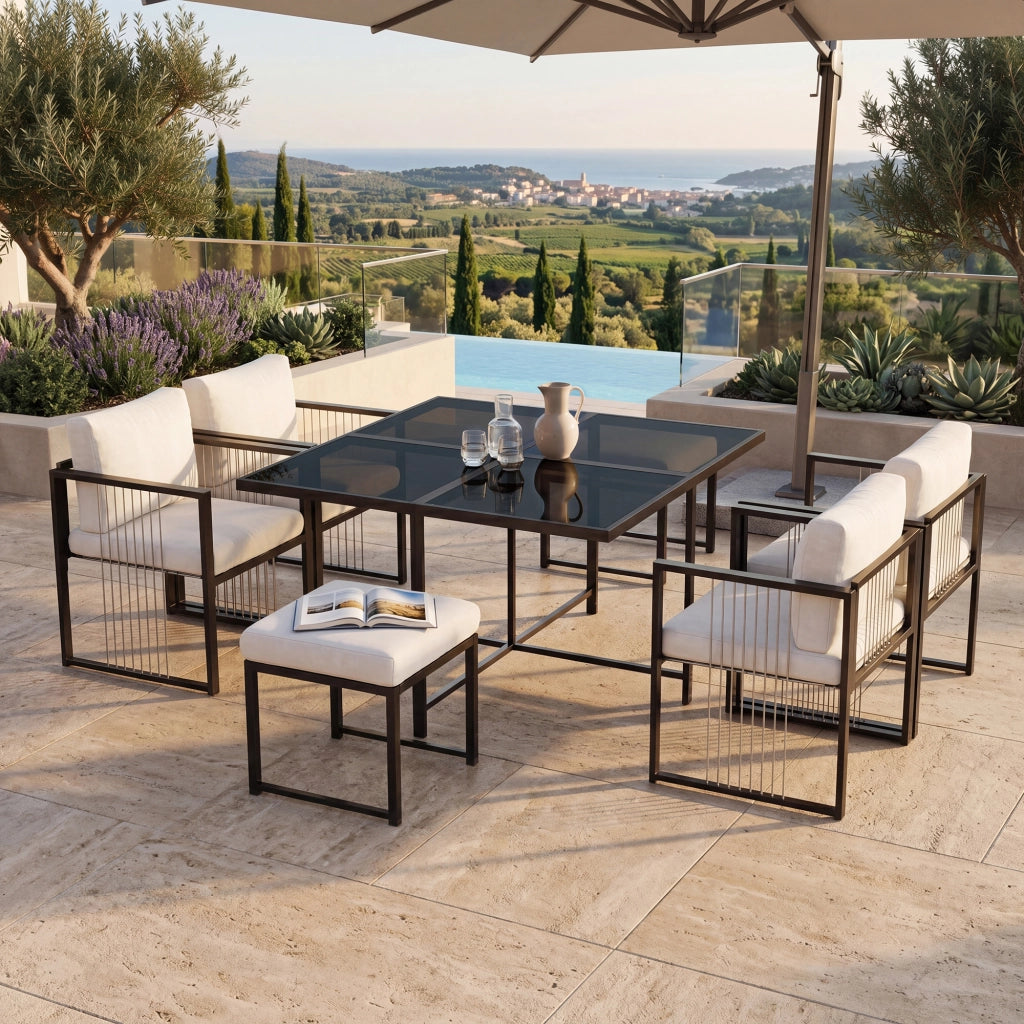 Set da pranzo da esterno 7 pezzi con tavolo quadrato in vetro temperato e 4 poltrone con 2 poggiapiedi nero e bianco