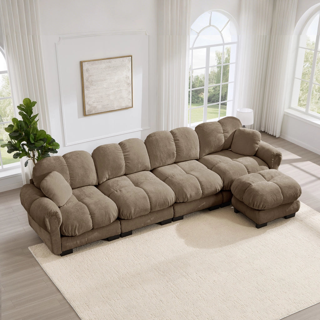 Divano angolare modulare 4 posti 330x149 cm con pouf mobile; chenille marrone; struttura a L