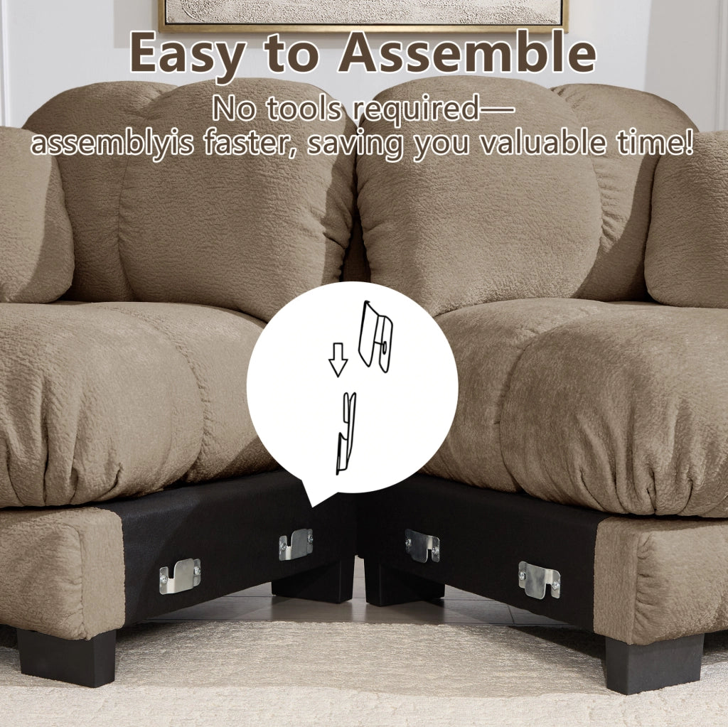 Divano a 3 posti a U in tessuto chenille marrone con pouf mobile e 2 cuscini decorativi