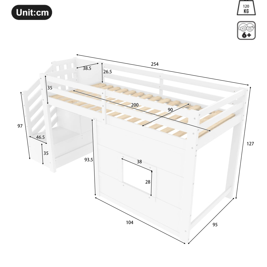 Letto a soppalco 90 x 200 cm con scala contenitore e finestra - Bianco
