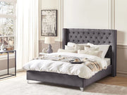 Letto a doghe velluto grigio imbottito trapuntato poggiatesta copritesta piedi 160 x 200 king size design glam