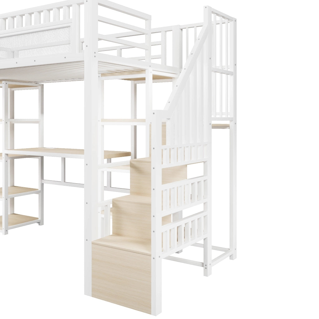 Letto a soppalco 90x200 cm con scrivania, LED, USB e scala contenitore in metallo e MDF bianco