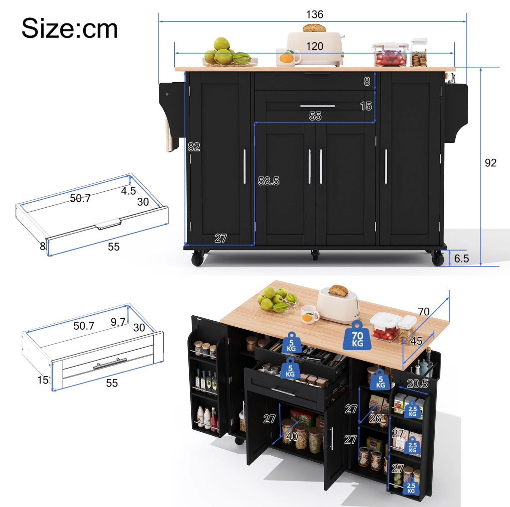 Carrello da cucina 120x45 cm con piano estensibile; MDF nero e naturale