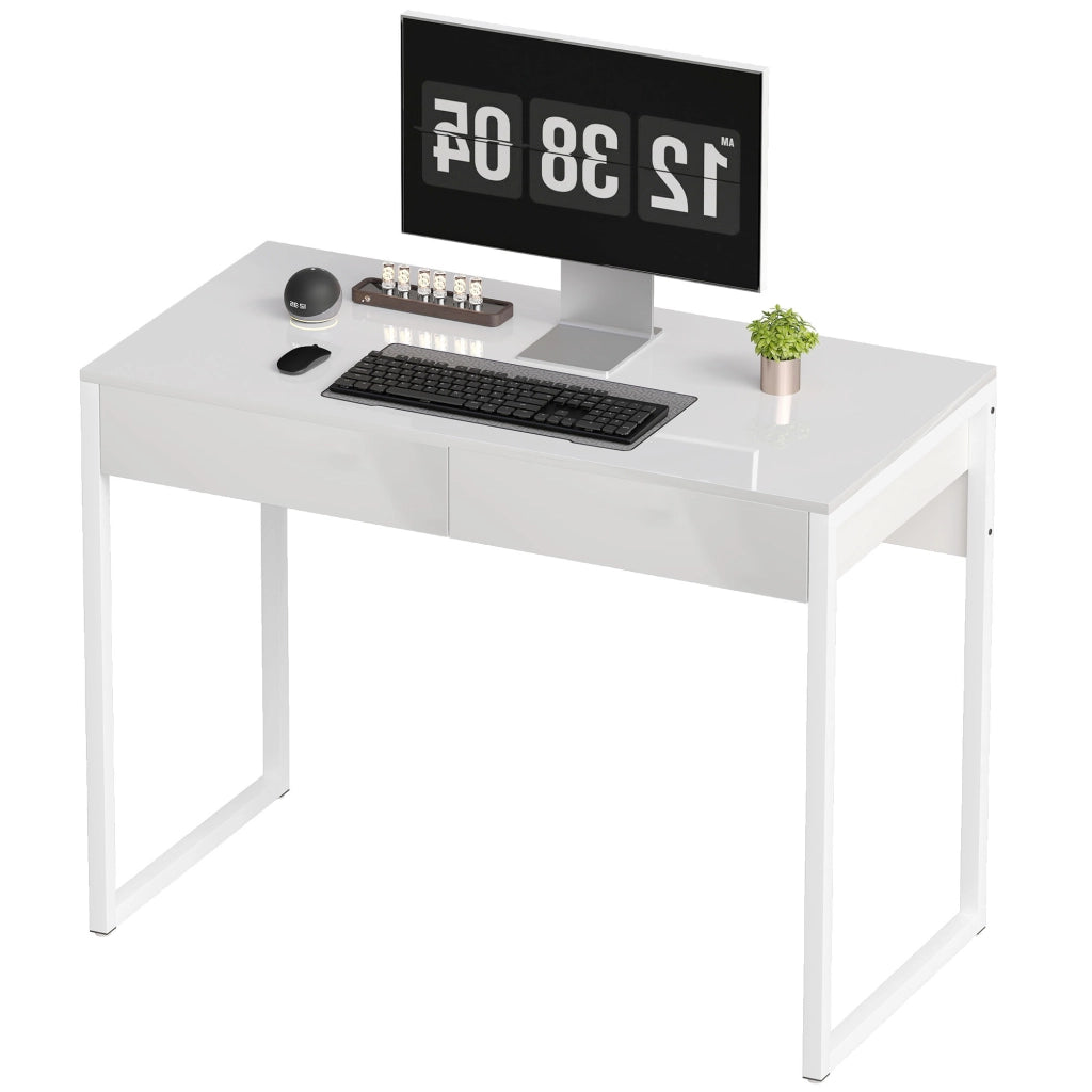 Scrivania Moderna con 2 Cassetti e Gambe in Acciaio. 100x50x75 cm. Bianco Lucido