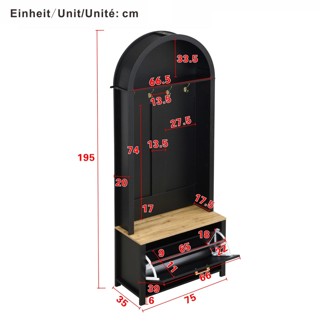 Mobile guardaroba 75x35x195 cm nero e legno MDF con appendiabiti e scarpiera