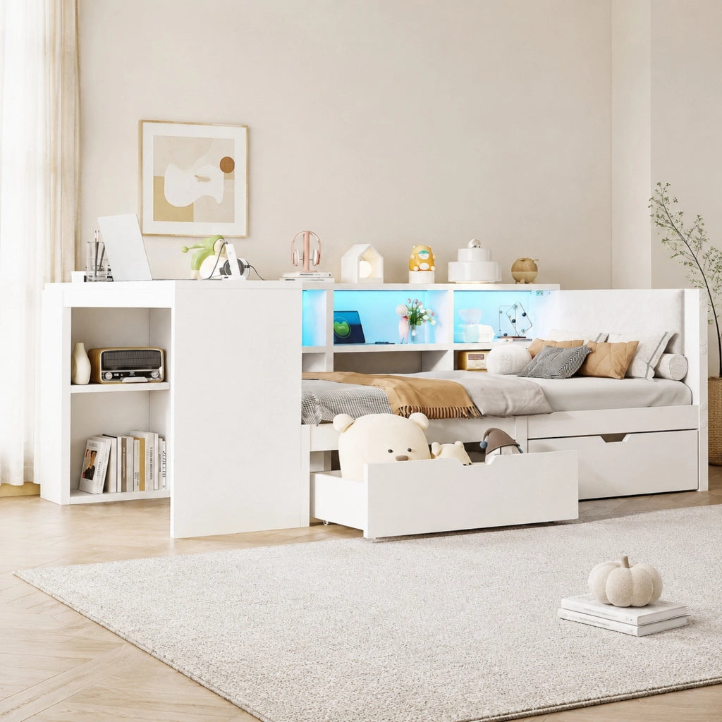Letto piattaforma 90 x 200 cm con cassetti, prese USB e LED