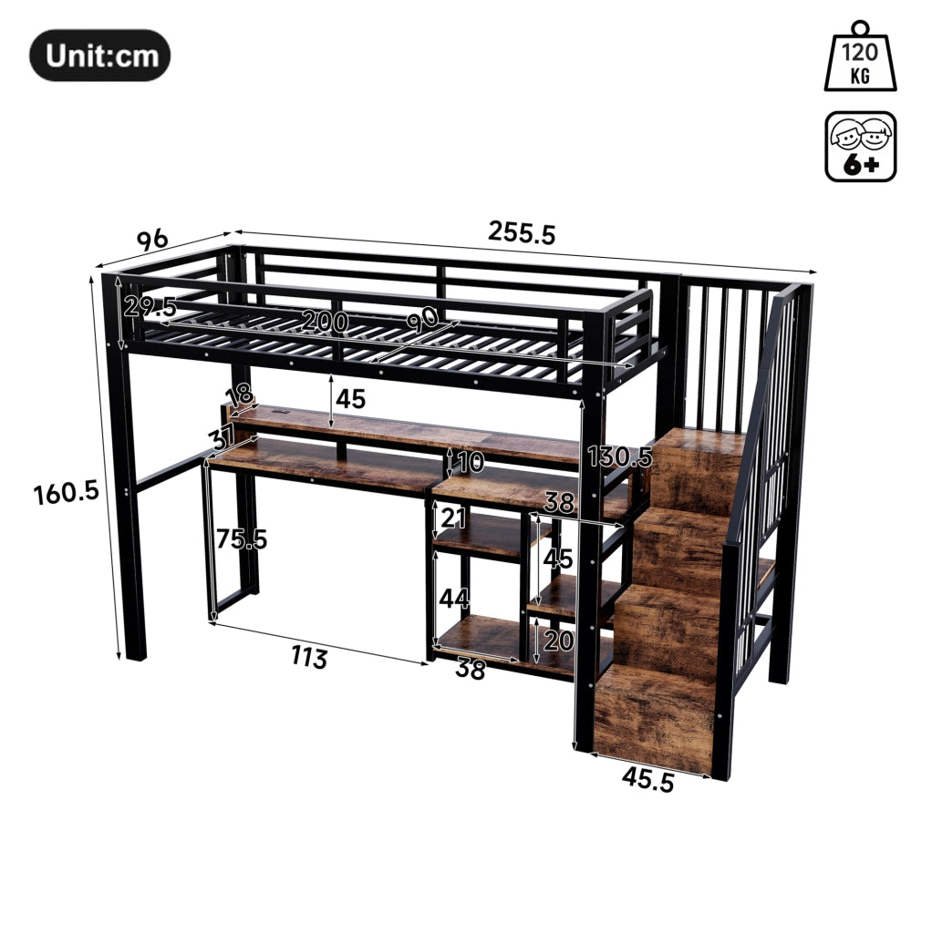 Letto a soppalco 90 x 200 cm nero con armadio scala, LED, USB e Type-C
