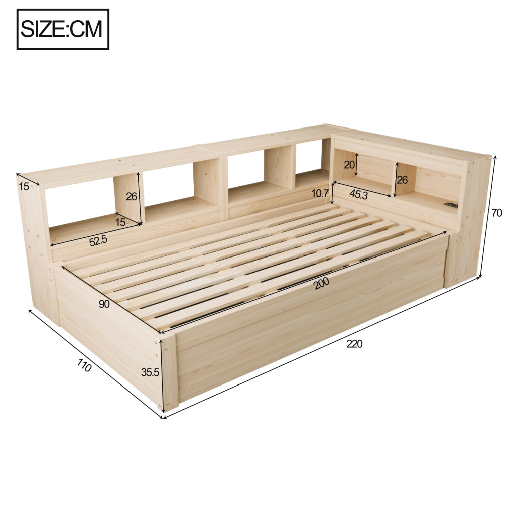 Letto singolo con contenitore 90 × 200 cm idraulico con vani; LED e presa integrata in legno naturale