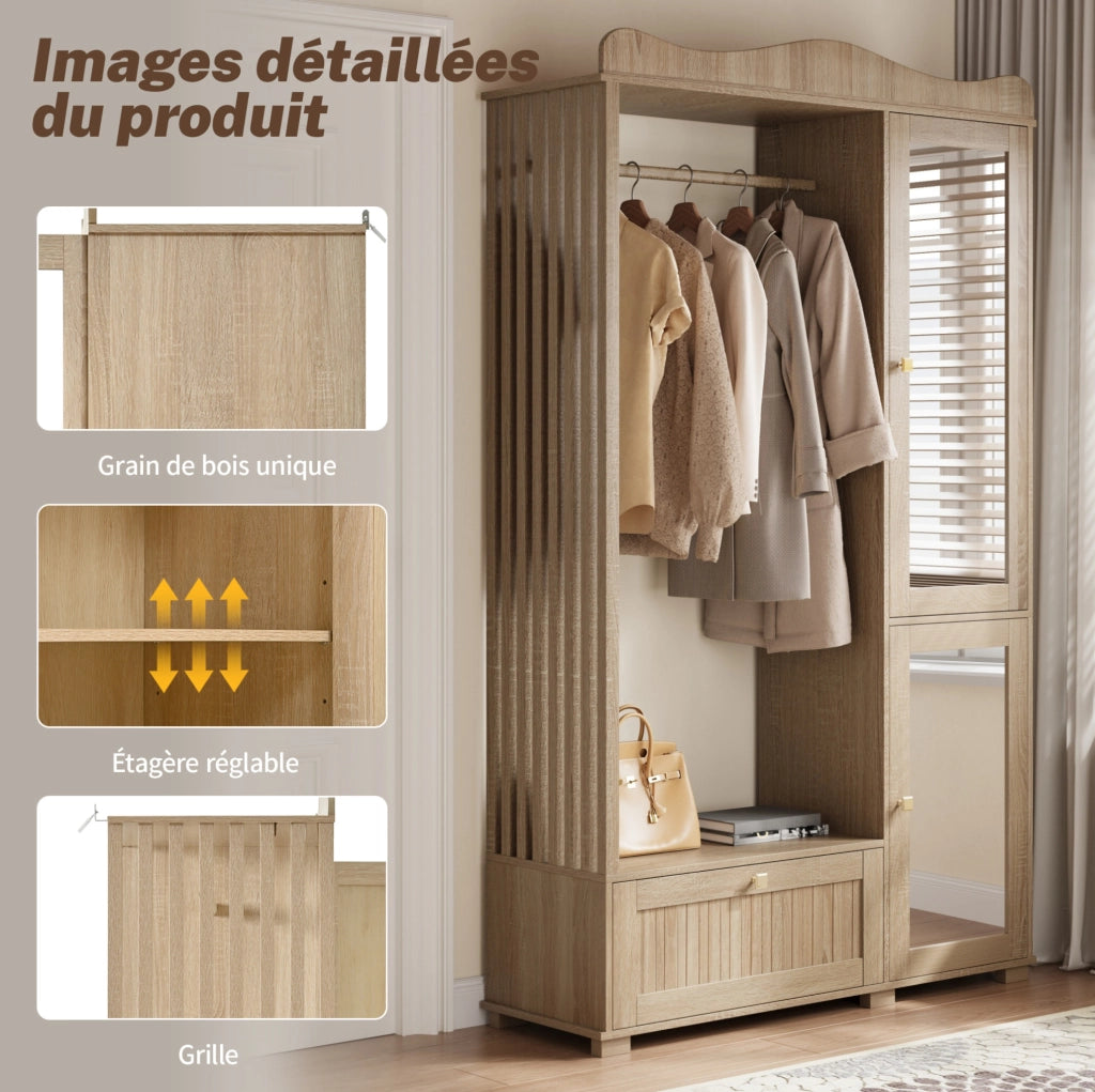 Guardaroba con specchio integrato e appendiabiti aperto in MDF color quercia, 115,5x38,5x194,5 cm