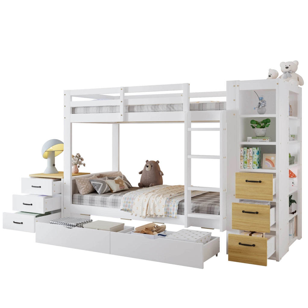 Letto a castello 90x200 cm in legno massello e MDF con cassetti e scaffale laterale; bianco e naturale