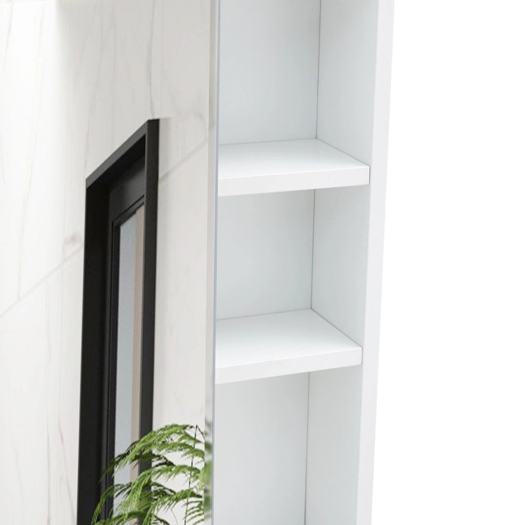 Armadietto da bagno sospeso con anta a specchio in vetro di sicurezza e vani interni in MDF bianco