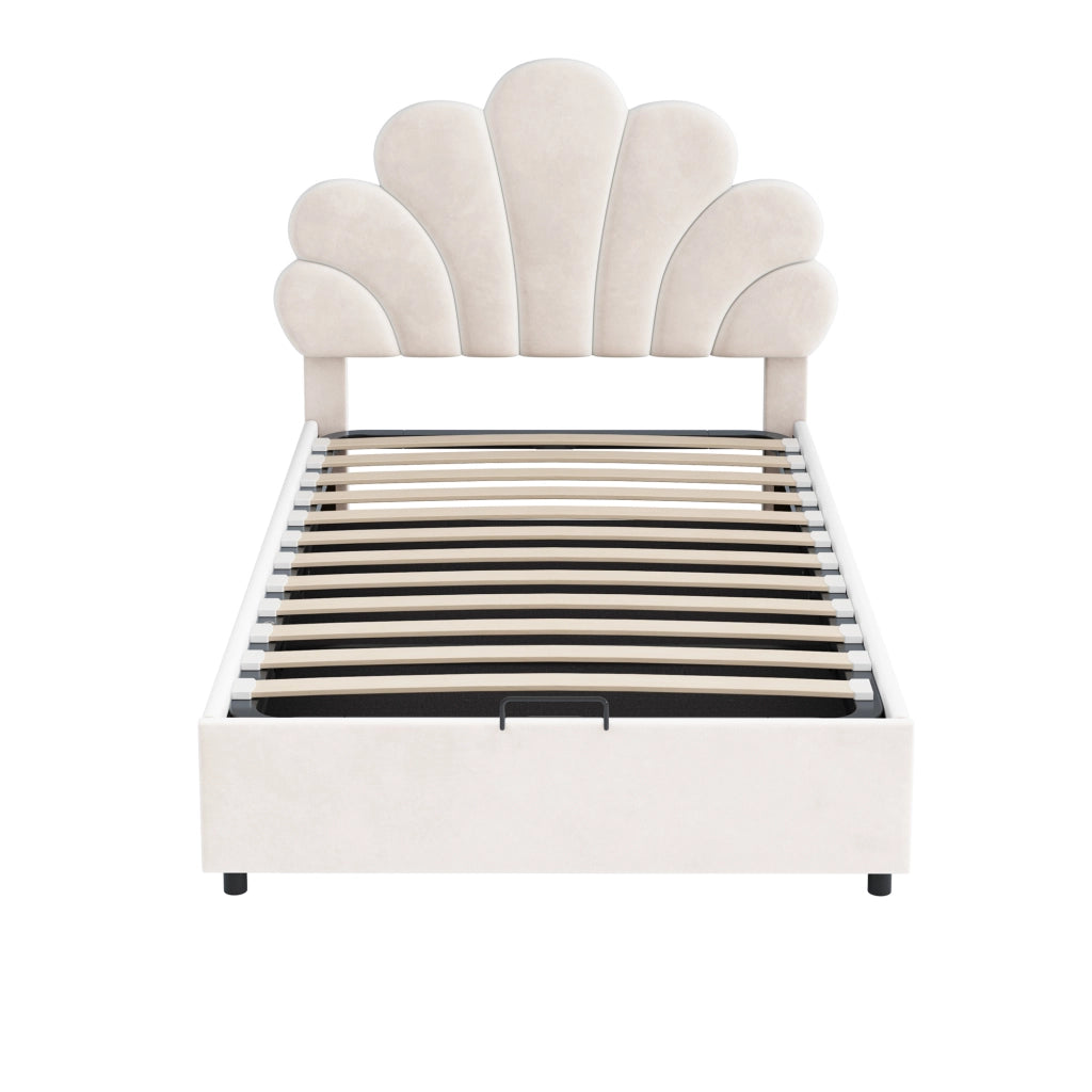 Letto singolo con contenitore 90 × 200 cm imbottito in velluto beige con testiera floreale e rete a doghe