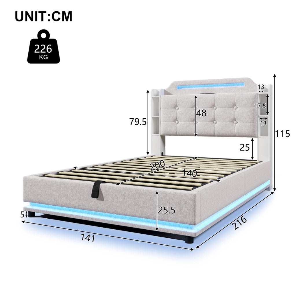 Letto imbottito 140x200 cm con vano idraulico, LED, USB e USB-C in lino beige