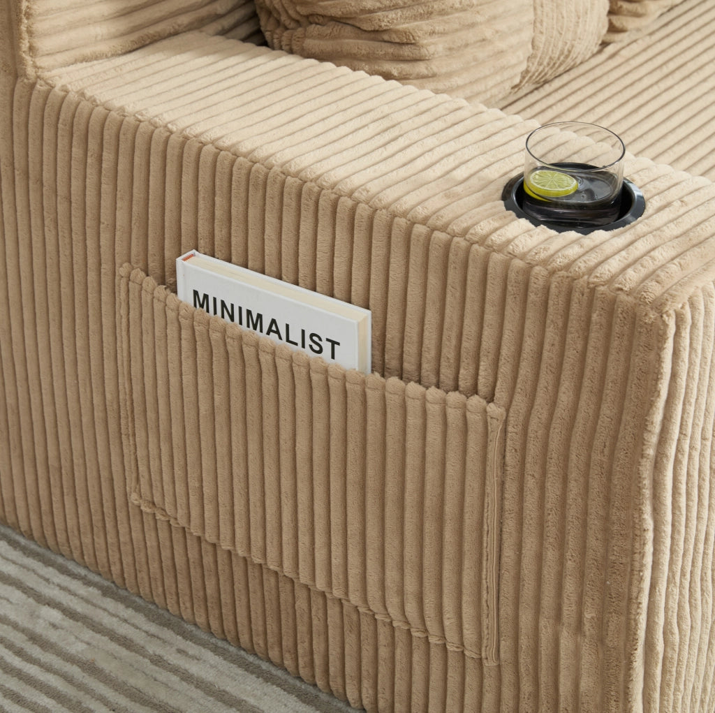 Divano imbottito 151x133x64 cm in velluto a coste kaki con tasche laterali