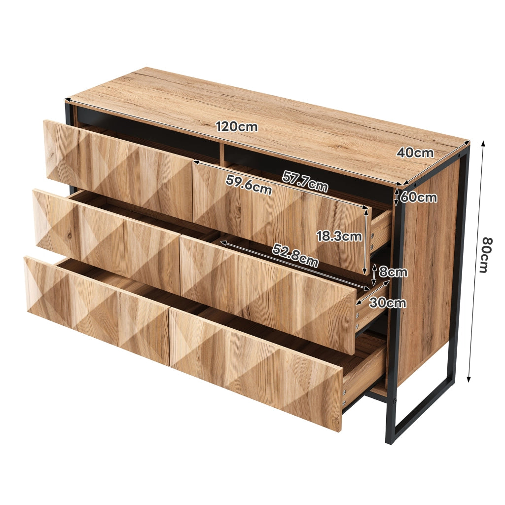 Credenza moderna 120 cm con 6 cassetti nero e legno