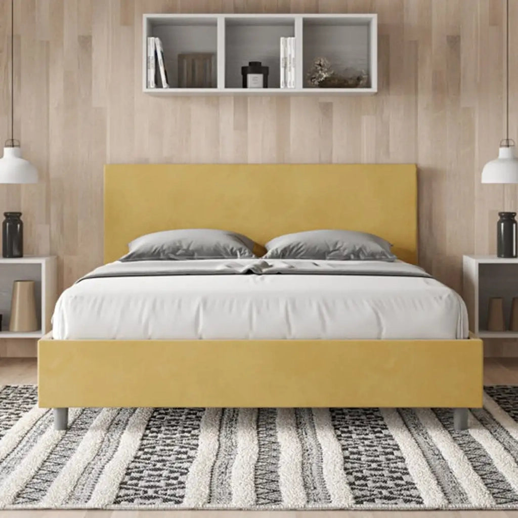 Letto matrimoniale con rete imbottito 160x210 microfibra ocra Adele