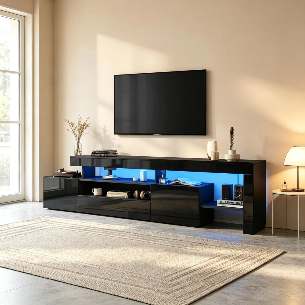 Mobile TV LED 192 x 37 x 53 cm nero lucido per TV fino a 85 pollici
