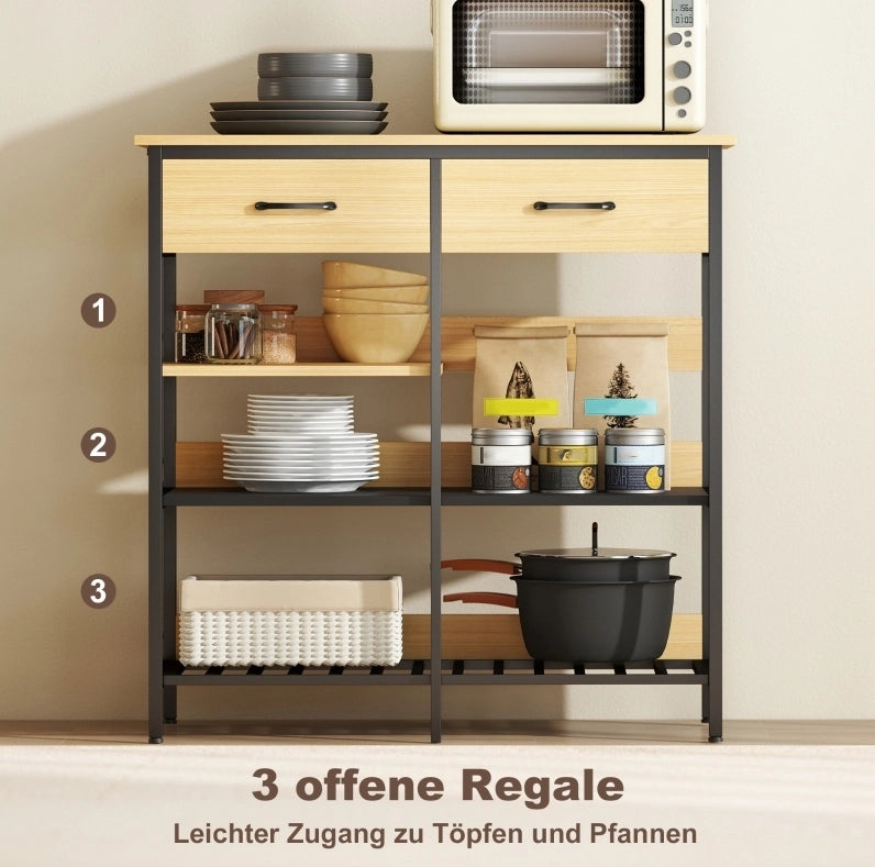 Credenza in legno naturale con 2 cassetti e 3 ripiani aperti 90x40x91 cm, stile industriale