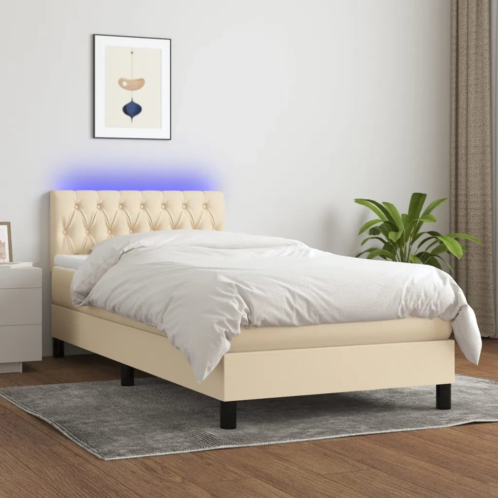 Letto singolo | Letto per adulti | Letto a Molle con Materasso e LED Crema 90x190 cm in Tessuto
