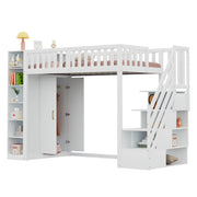 Letto a Soppalco 90x200 cm con Armadio, Mensole e Scala con Ripiani, Bianco