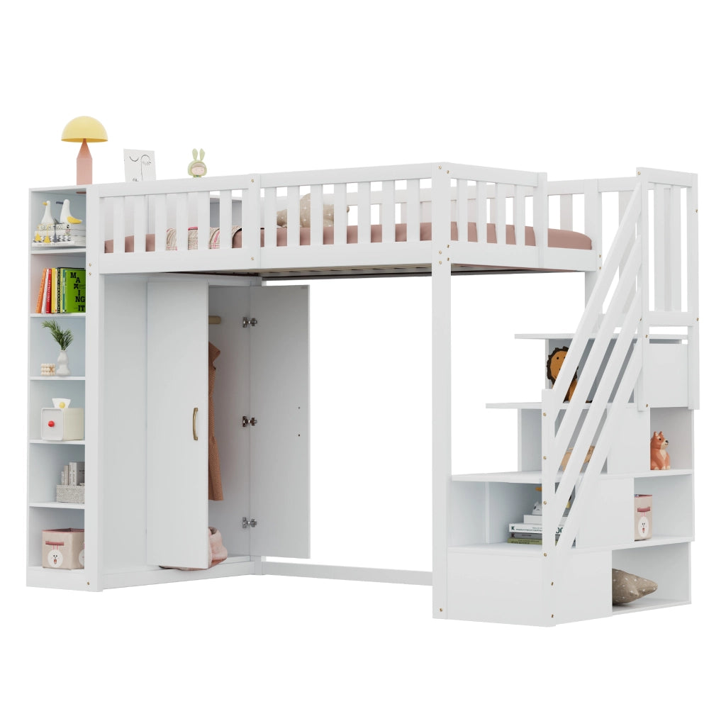 Letto a Soppalco 90x200 cm con Armadio, Mensole e Scala con Ripiani, Bianco