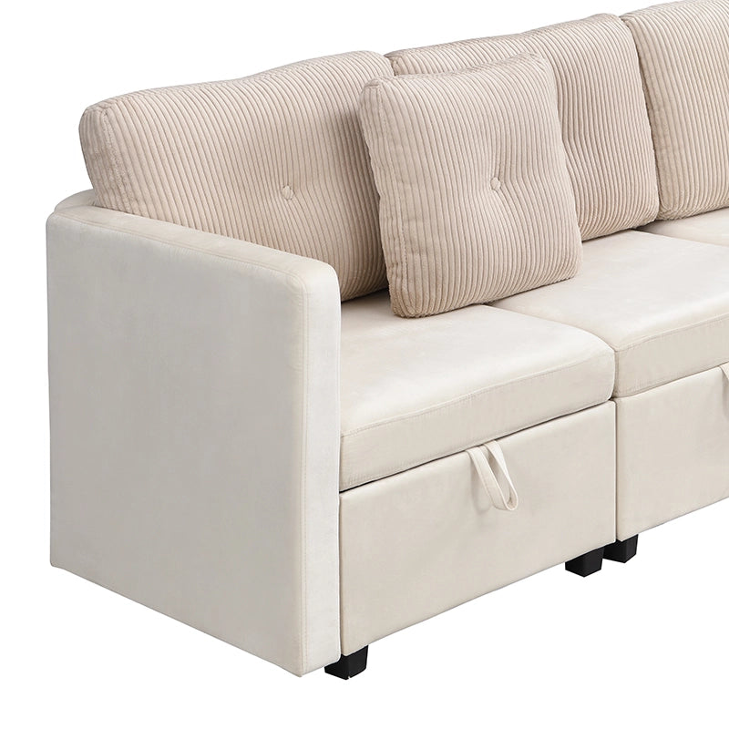 Divano modulare a U 6 posti con contenitore e cuscini, in velluto e cordino Beige