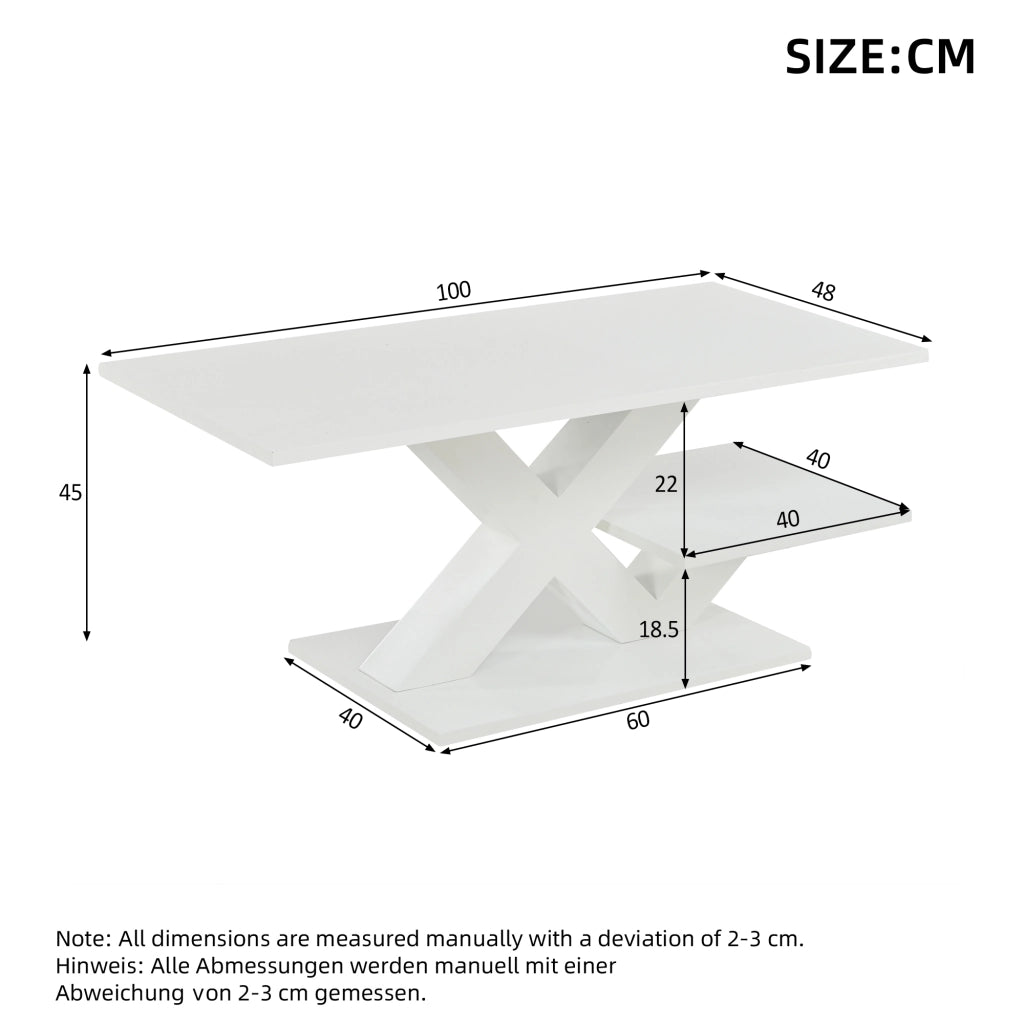 Tavolino basso fisso a doppio piano con supporto geometrico a X in MDF bianco lucido per soggiorno 100 × 48 × 45 cm