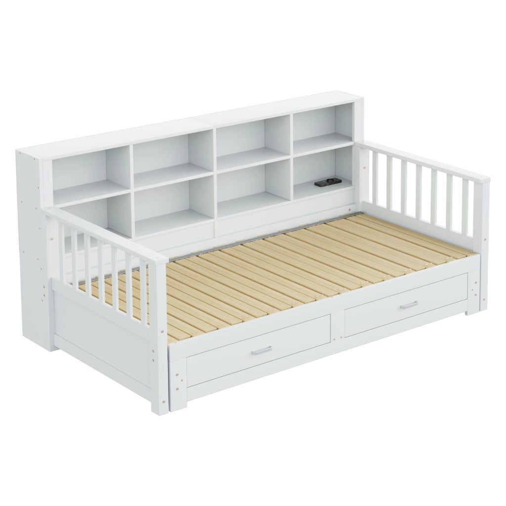 Letto divano estraibile 90×190 e 180×190 cm con 2 cassetti, mensole e presa, senza materasso, bianco in legno