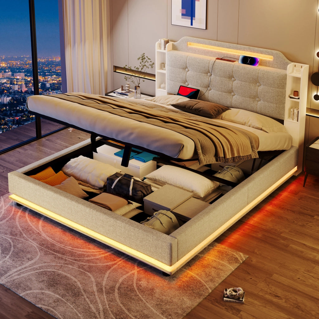 Letto matrimoniale 140 × 200 cm con contenitore idraulico, LED, USB e Type-C, senza materasso, in lino beige