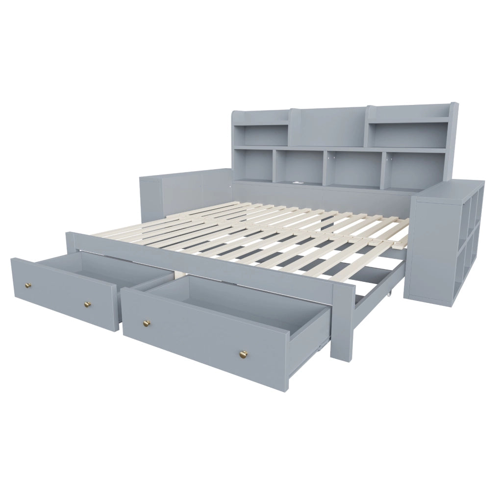 Letto estraibile multifunzionale in compensato e MDF grigio con cassetti ripiani LED e presa
