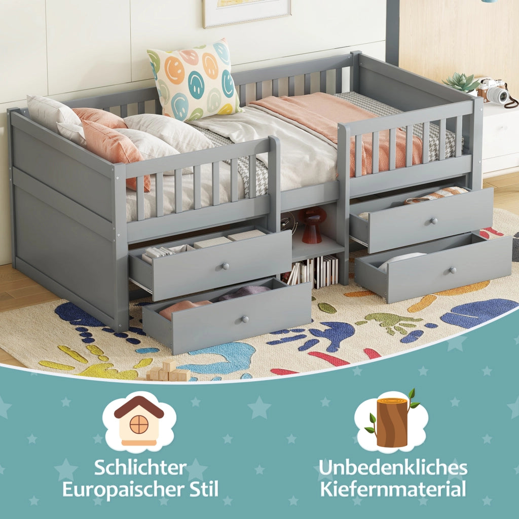 Letto a soppalco singolo 90×200 cm con 4 cassetti; spondali e scala; senza materasso; legno; grigio