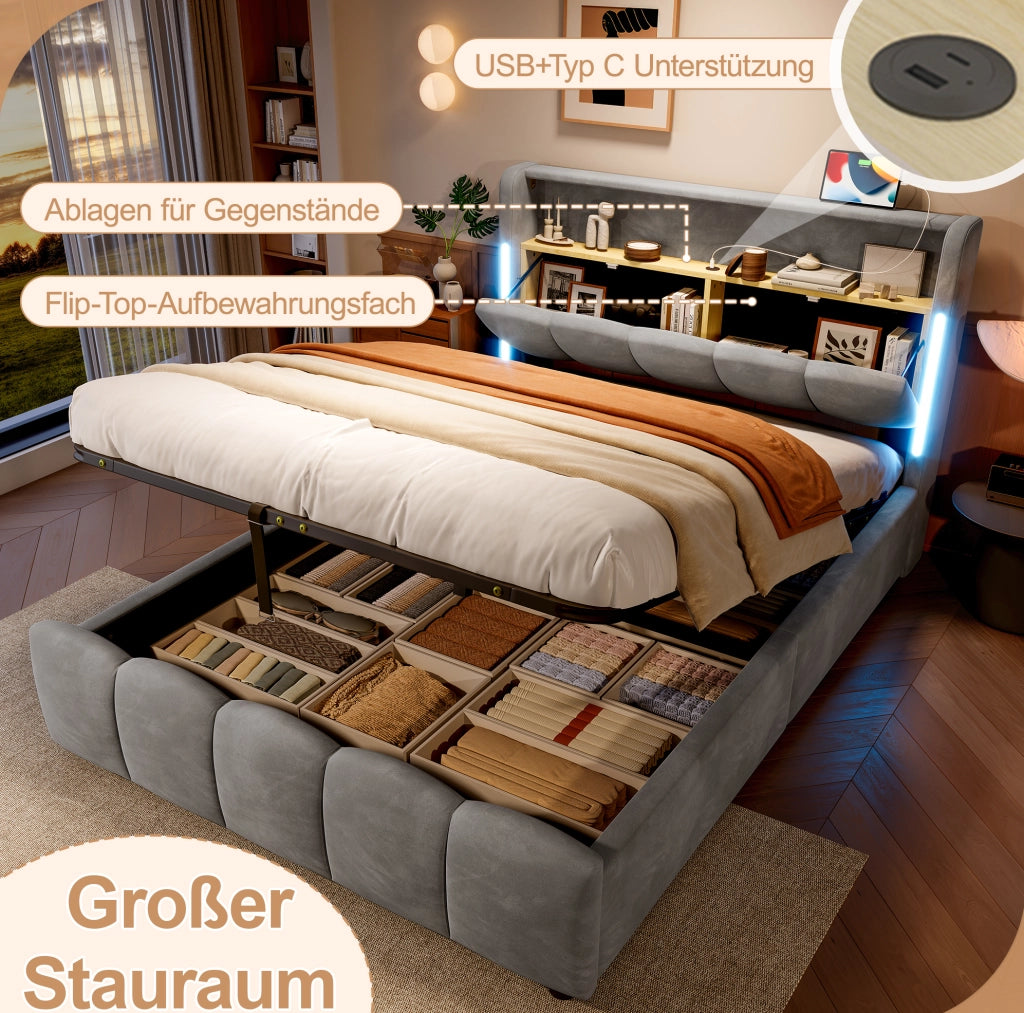 Letto matrimoniale 140x200 cm con contenitore idraulico; LED e USB-C; velluto grigio