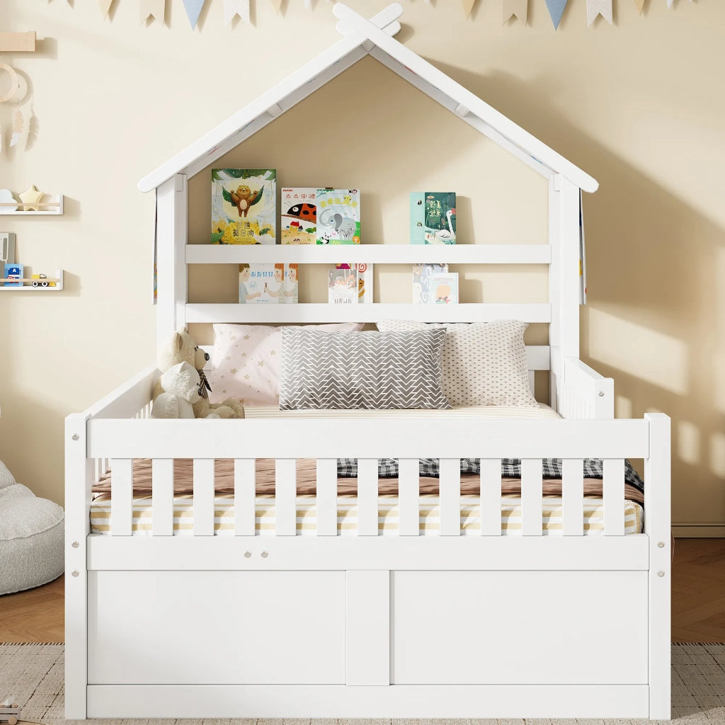 Letto a piattaforma in legno forma casa 140x200 cm, bianco, con letto estraibile, 3 cassetti e sponde di sicurezza