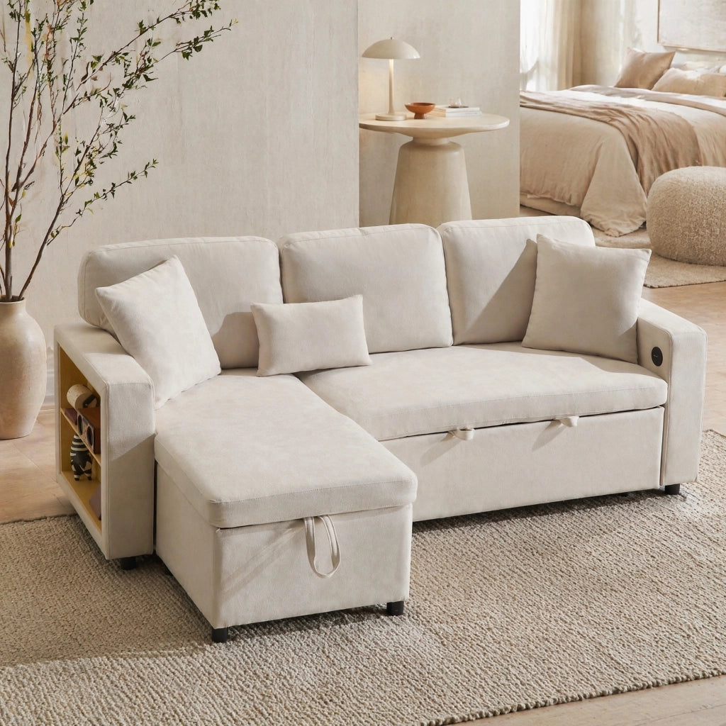 DIVANO LETTO Angolare 214x131x87 cm Beige Flanella con 3 cuscini