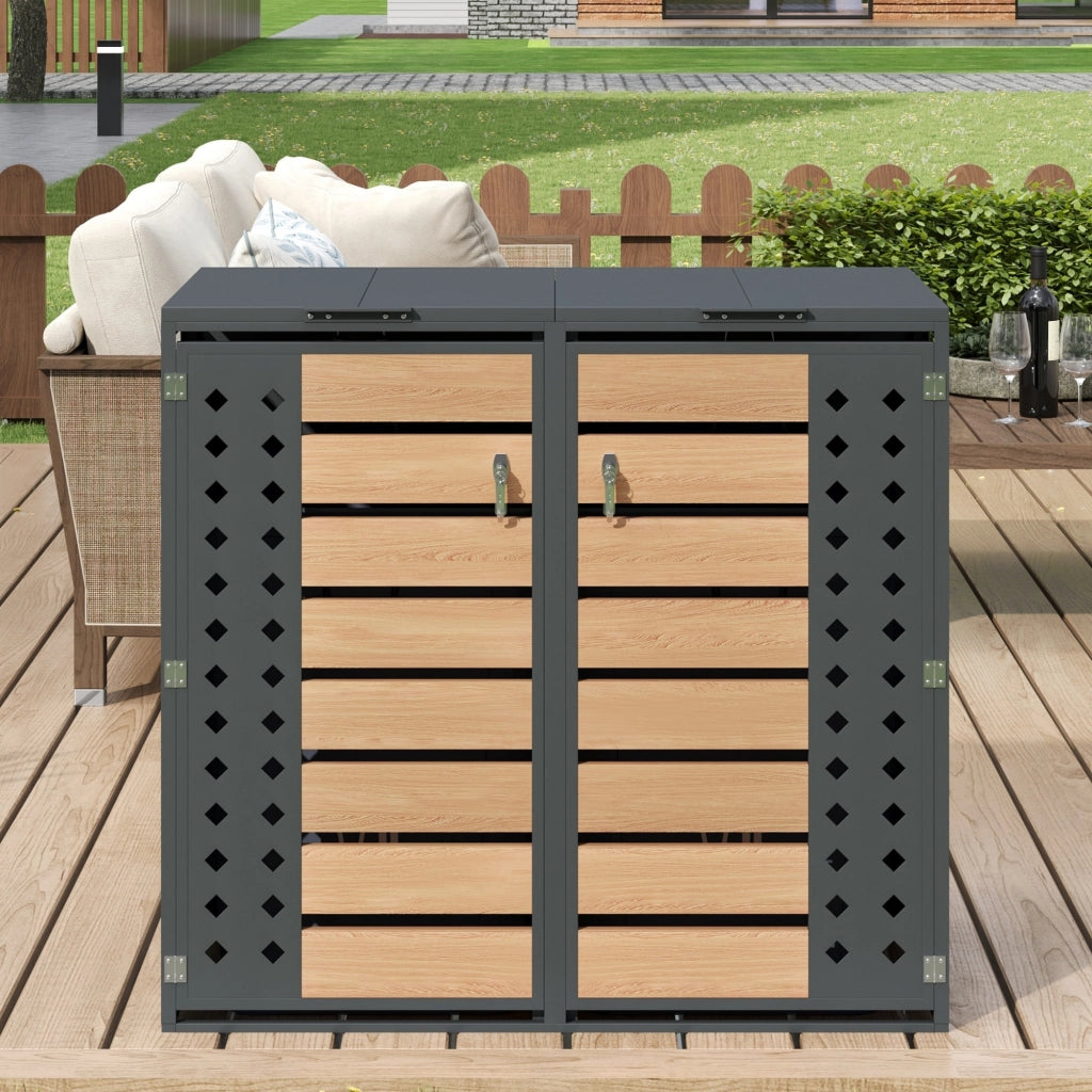 Copri bidoni a 2 scomparti con coperchio idraulico in acciaio zincato grigio effetto legno 132 × 80 × 118.5 cm