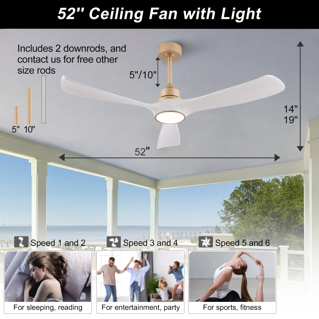 Ventilatore da soffitto con luce da 52 pollici bianco e oro con 3 pale ABS; motore DC reversibile e telecomando