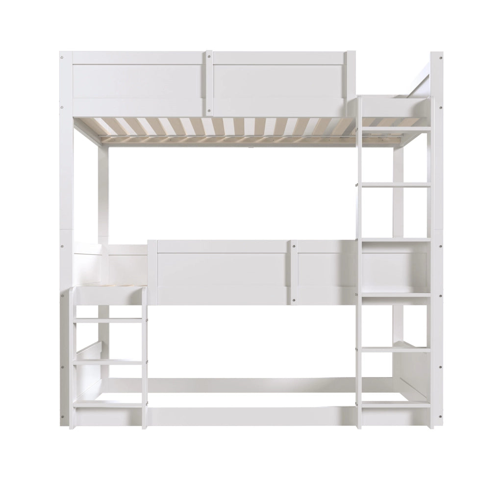 Letto a tre livelli bianco in legno massello di pino 90×200 cm, trasformabile in letto singolo più castello basso