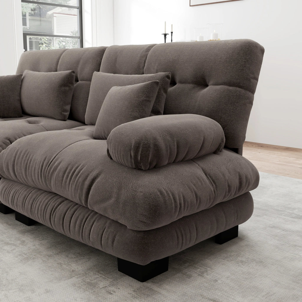 Set di divani modulari in ciniglia marrone con ottomane mobili