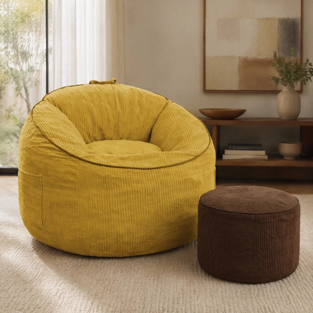 Poltrona curva ergonomica gialla con tasca laterale e pouf cilindrico