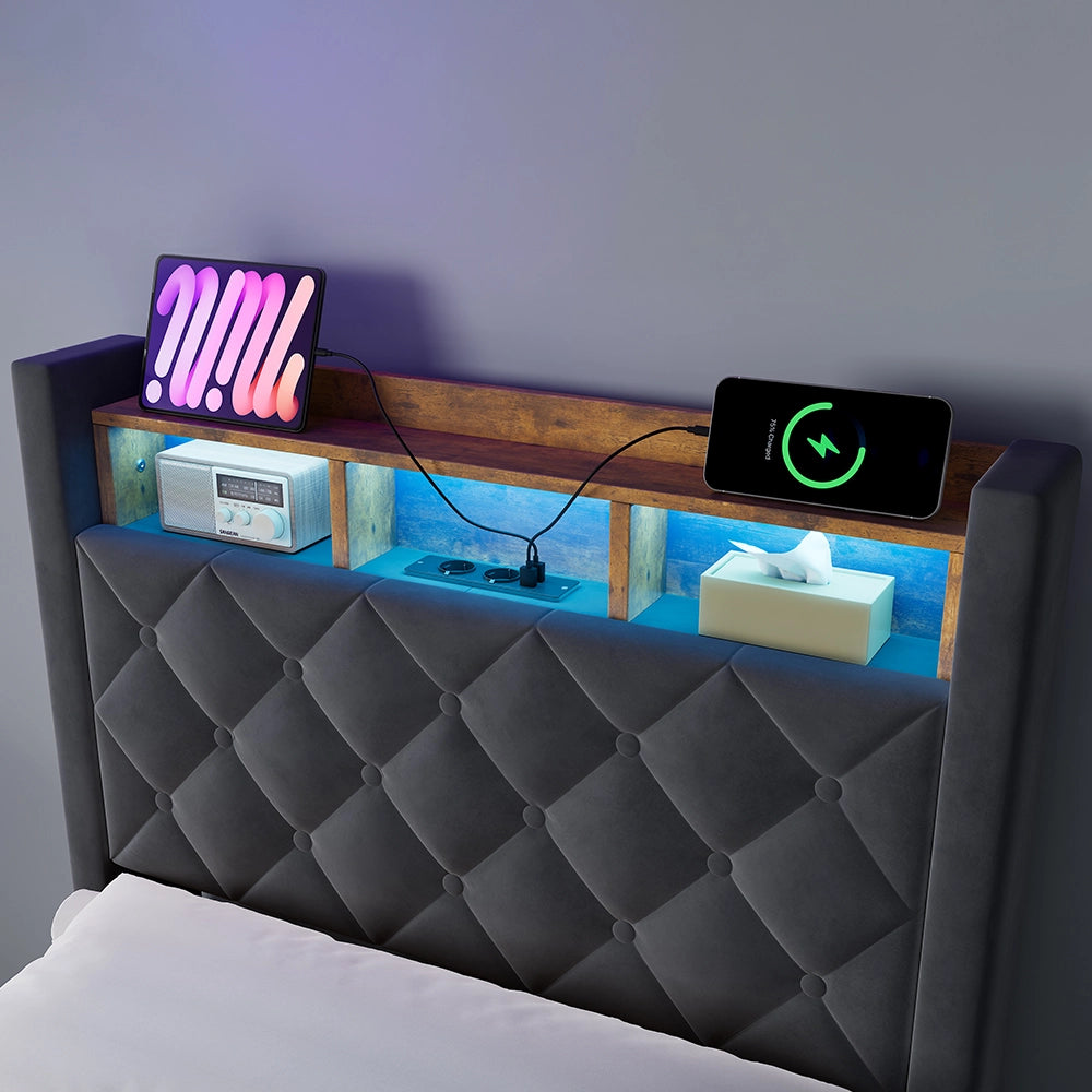 Letto Imbottito con Contenitore 90x190 cm Grigio in Velluto con LED e Porte USB