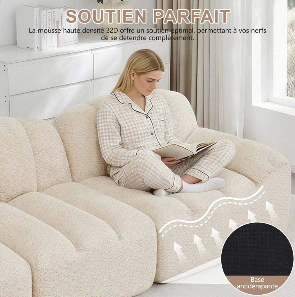Divano modulare a 4 posti con pouf, schiuma ad alta densità 32D, tessuto morbido beige e bianco